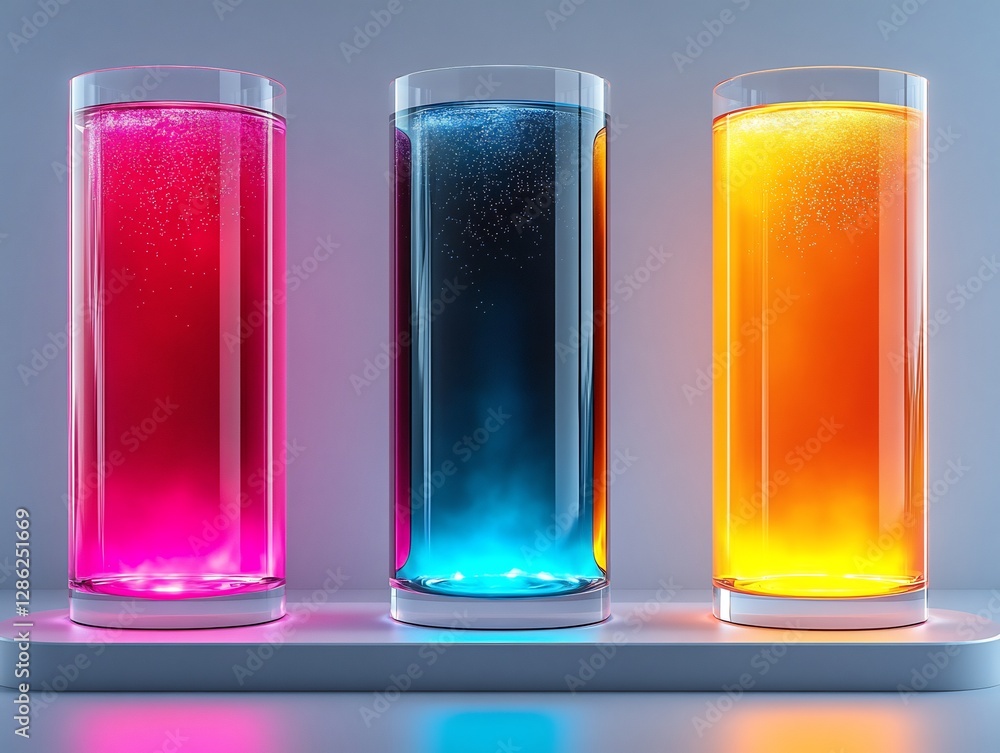 Fototapeta premium Vibrant colored liquids glow brightly in tall glasses a striking visual aesthetic. AI Generated