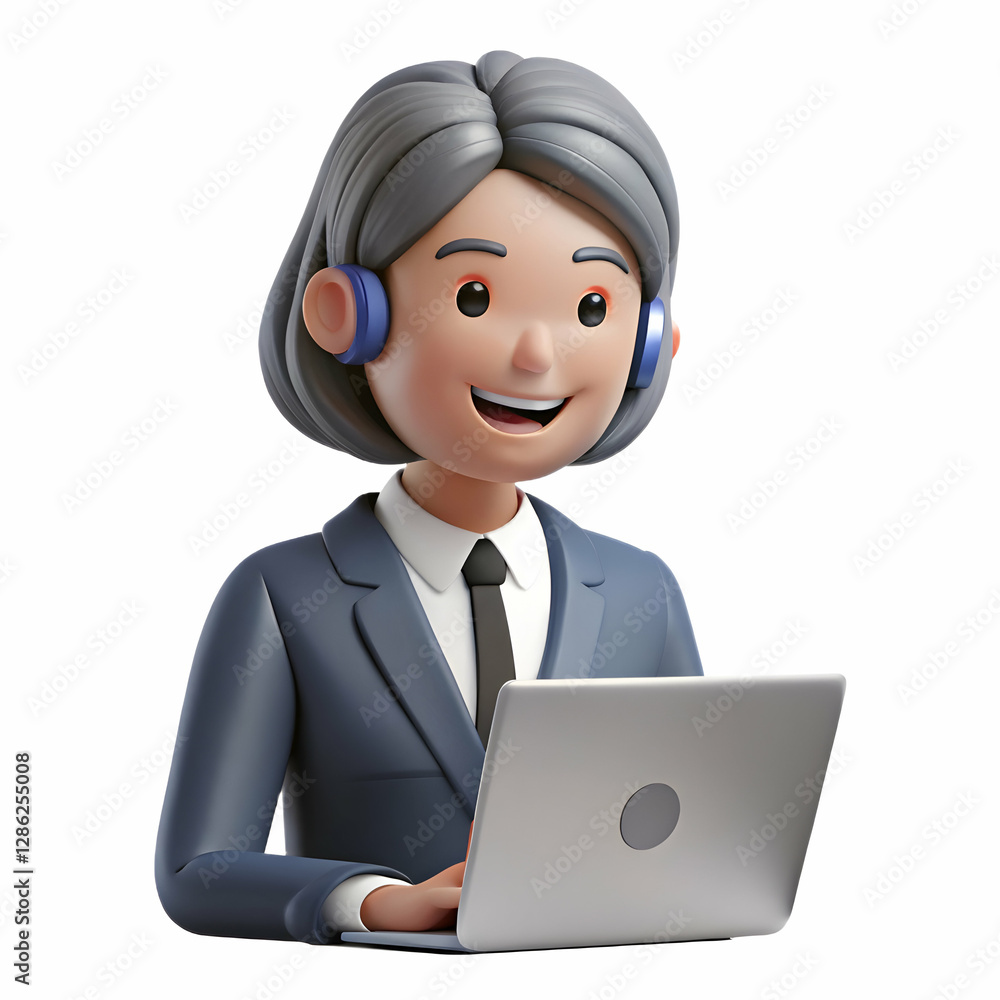 Mature Female HR Manager Smiling with Earbud at Laptop During Hybrid Conference Meeting - Remote Job Interview Concept in Office with Empty Space for Text on Left Side Mature Female HR Manager Smiling with Earbud at Laptop During Hybrid Conference Meeting - Remote Job Interview Concept in Office with Empty Space for Text on Left Side