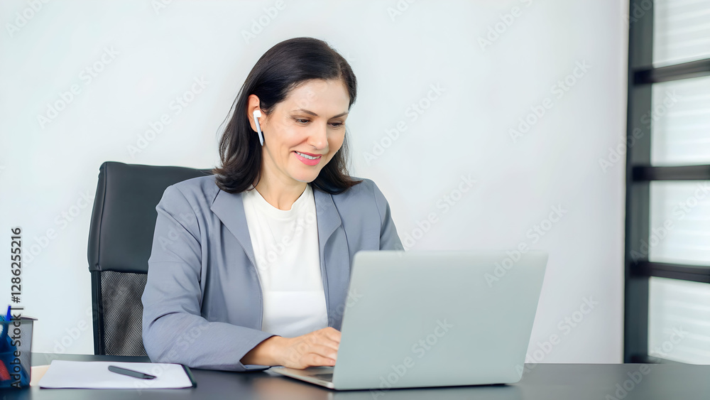 Mature Female HR Manager Smiling with Earbud at Laptop During Hybrid Conference Meeting - Remote Job Interview Concept in Stock Photo with Empty Space on Left Mature Female HR Manager Smiling with Earbud at Laptop During Hybrid Conference Meeting - Remote Job Interview Concept in Stock Photo with Empty Space on Left