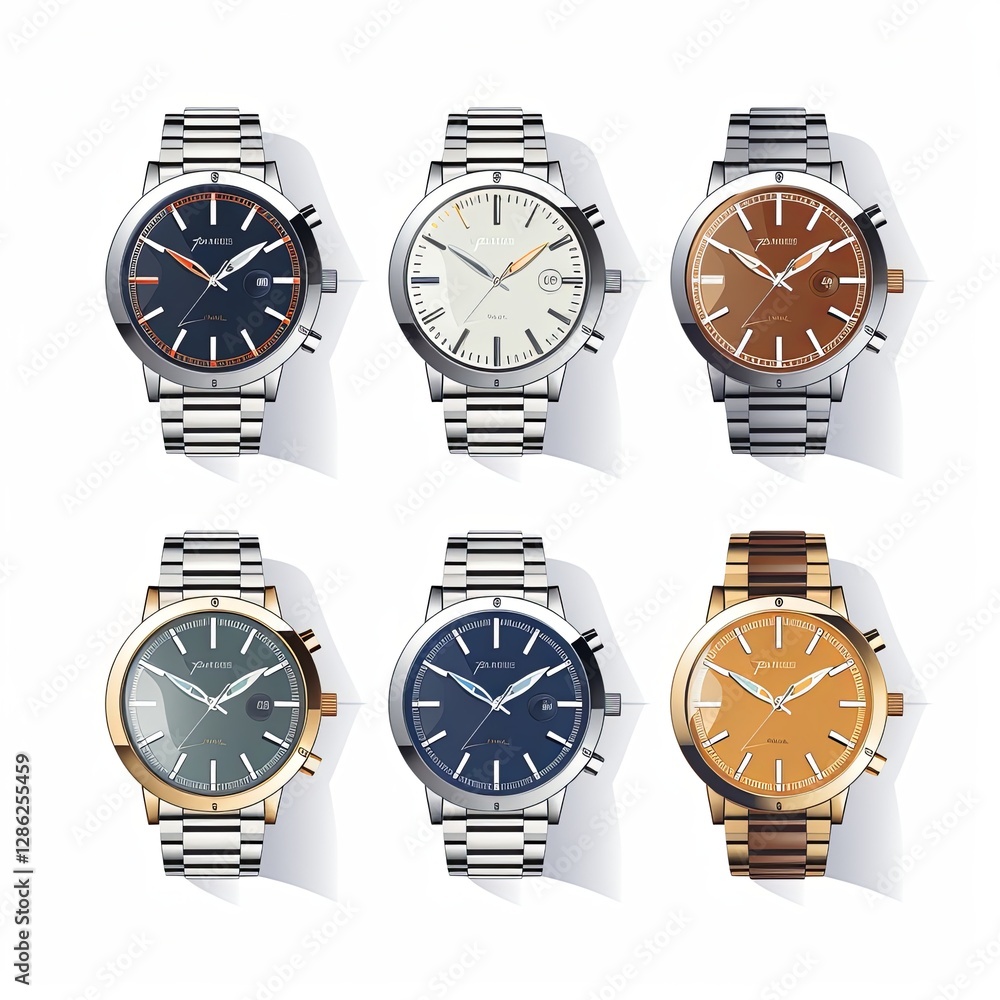 Six elegant wristwatches with leather straps on a white background Six elegant wristwatches with leather straps on a white background