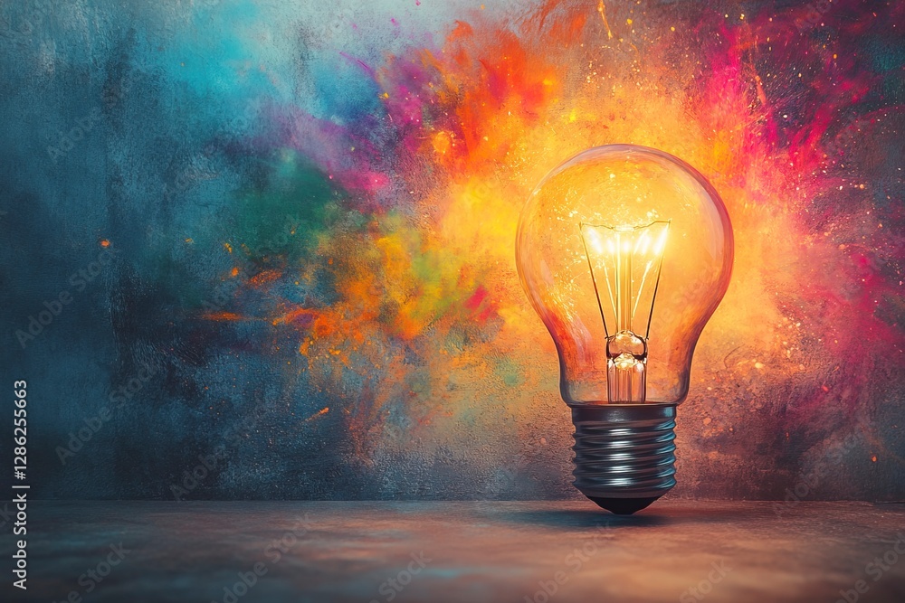 Light bulb surrounded by colorful paint explosion creating vibrant artistic display Light bulb surrounded by colorful paint explosion creating vibrant artistic display