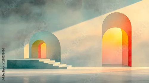 Obraz Abstract Architectural Scene with Colorful Arches and Light Play