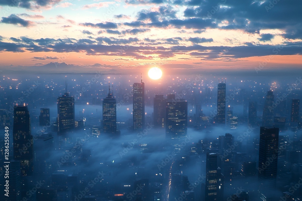 Fototapeta premium City skyline view with clouds and overcast sky at dusk or dawn with urban buildings