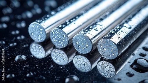 Collection of stainless steel bars with water droplets on their shiny surface