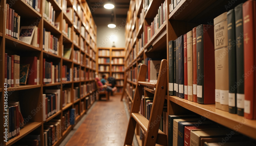 Library interior with shelves of books and reading patrons Library interior with shelves of books and reading patrons