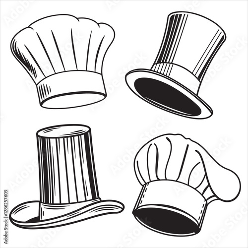 set black various style vector bakers hat, chef hat silhouettes