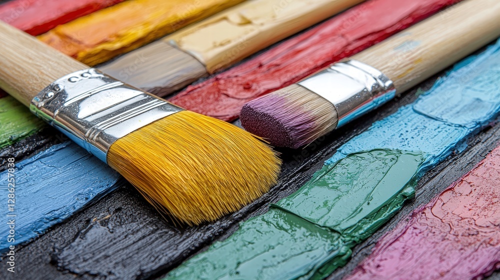 Fototapeta premium Colorful assortment of paintbrushes arranged on a wooden table, showcasing artistic tools