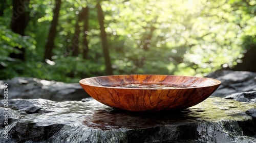 Rustic bowl placed stylishly on a rock surrounded by greenery in a tranquil forest