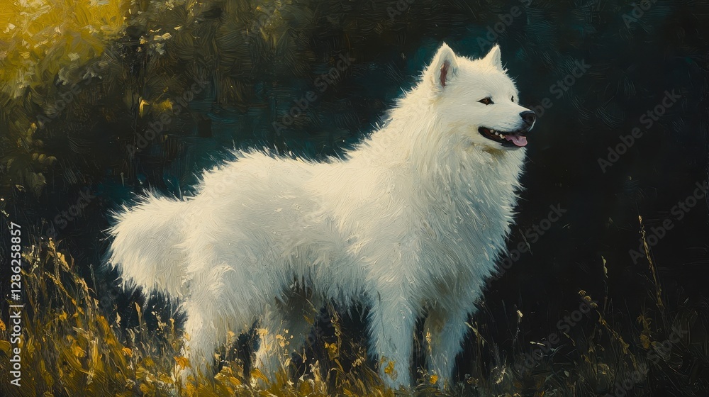Fototapeta premium White Samoyed Dog in Field Artistic Painting Canine Portrait
