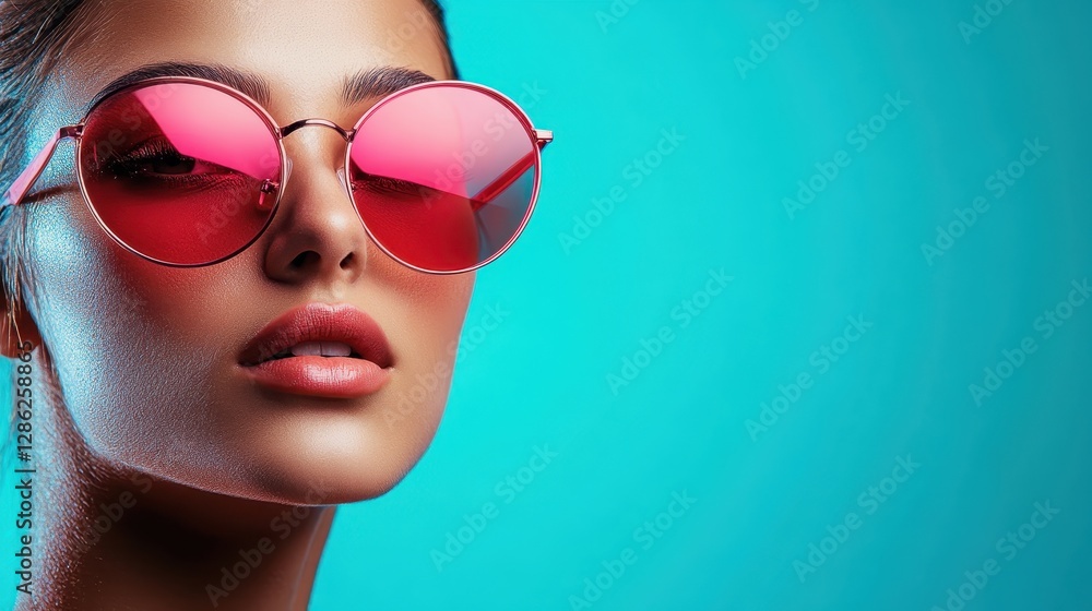This striking image features a stylish woman wearing round pink sunglasses and bold lipstick, showcased against a vibrant turquoise background, creating a fashionable statement. This striking image features a stylish woman wearing round pink sunglasses and bold lipstick, showcased against a vibrant turquoise background, creating a fashionable statement.