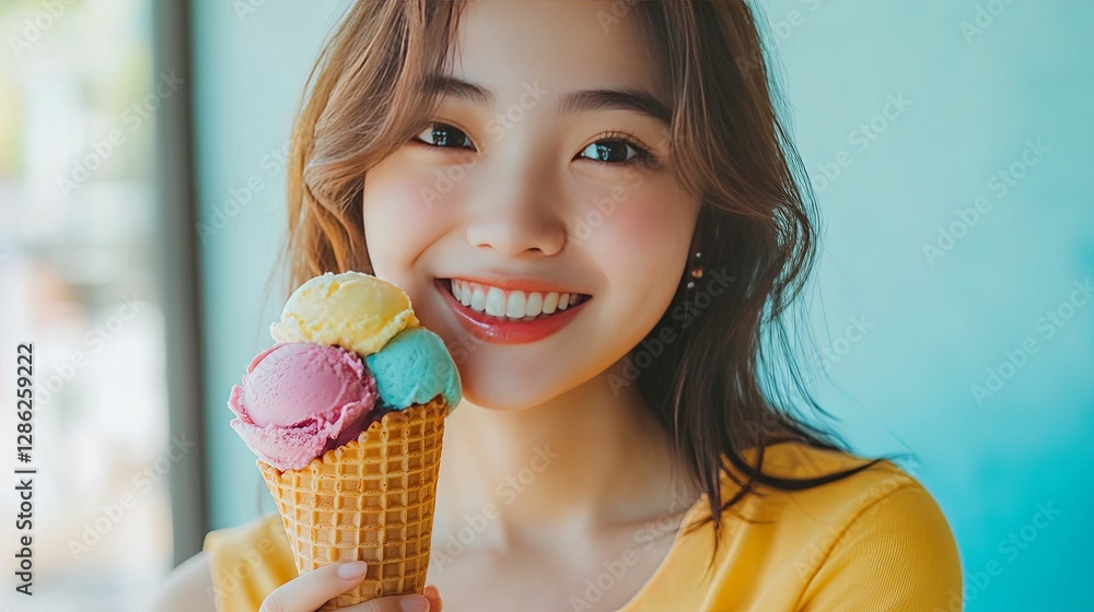 Woman Smiling Holds Colorful Ice Cream Cone Woman Smiling Holds Colorful Ice Cream Cone