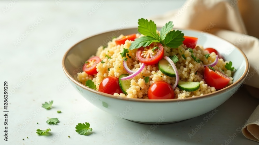 Refreshing Couscous Salad with Cherry Tomatoes, Cucumber, and Red Onion in a Light Blue Bowl Refreshing Couscous Salad with Cherry Tomatoes, Cucumber, and Red Onion in a Light Blue Bowl