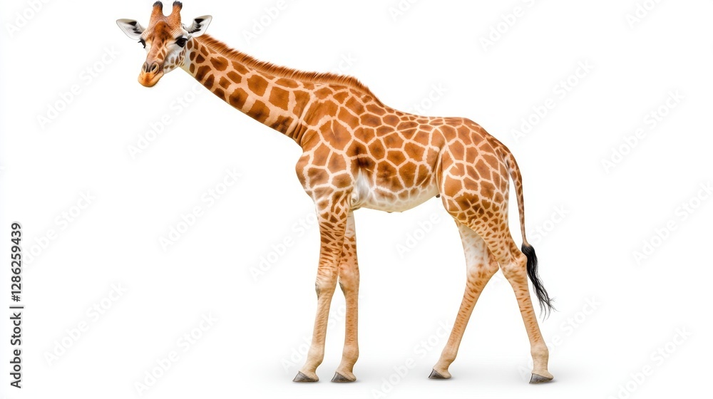 Fototapeta premium A young giraffe stands on a white background. The giraffe's coat is a light brown with distinctive dark brown patches. The animal is in profile view