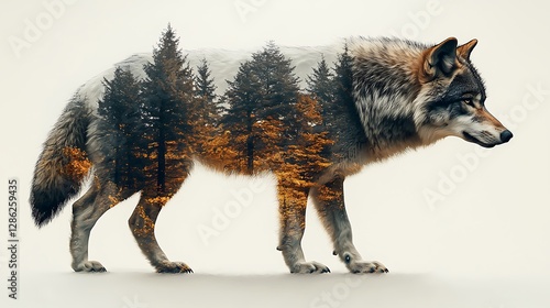 Fototapeta Naklejka Na Ścianę i Meble -  Captivating double exposure of a majestic wolf with a serene landscape, blending animal and nature in stunning detail. No background 