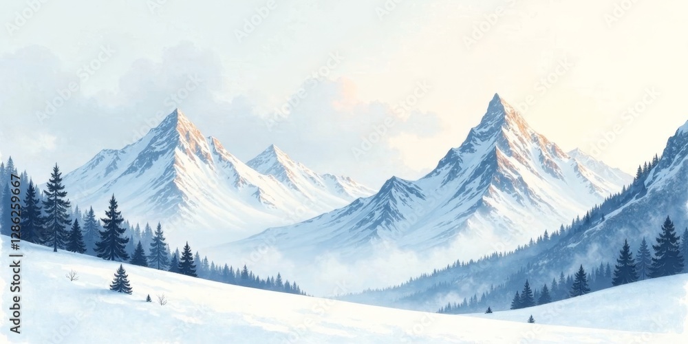 Serene Winter Landscape Majestic snow-capped peaks rise above a tranquil valley, where evergreen trees stand silhouetted against a pristine, snow-covered slope under a soft, pale sky. Serene Winter Landscape Majestic snow-capped peaks rise above a tranquil valley, where evergreen trees stand silhouetted against a pristine, snow-covered slope under a soft, pale sky.