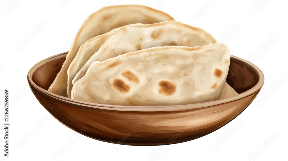 Freshly baked flatbreads served in a wooden bowl on a simple table setting at a cozy kitchen Freshly baked flatbreads served in a wooden bowl on a simple table setting at a cozy kitchen