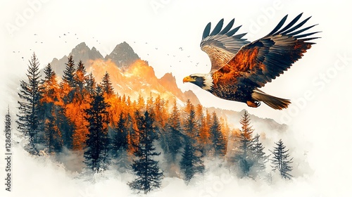 Striking double exposure of a soaring eagle combined with dramatic mountain peaks, showcasing the power of wildlife in a breathtaking manner. No background 