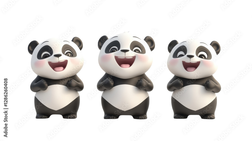 Obraz premium Three cheerful cartoon pandas smiling and standing side by side in a playful display of cuteness and friendship