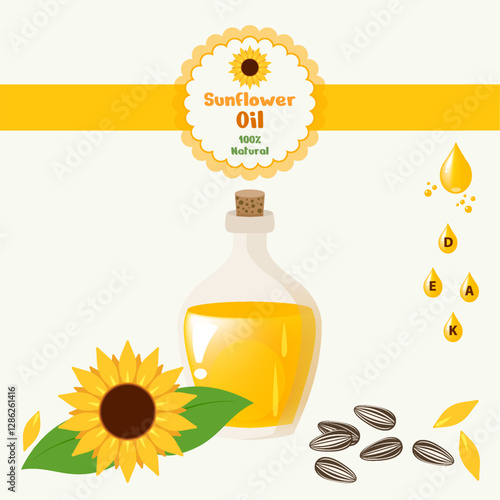 Sunflower oil, sunflower seeds and flowers. Sunflower seed oil in a bottle. All layered and grouped. Vector.