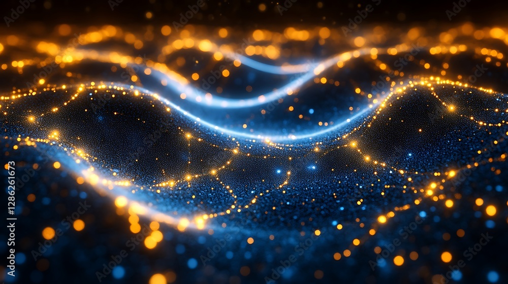 Abstract network of glowing particles forming a wavy surface with dynamic blue and orange lights Abstract network of glowing particles forming a wavy surface with dynamic blue and orange lights
