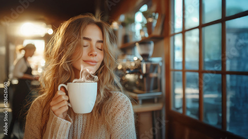 Woman  coffee cup morning enjoy moment. Background is a coffee cafe shop with barista making coffee out of focus.
