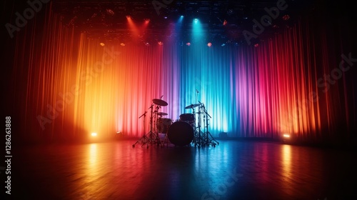 A colorful drum set stands in silhouette against a vibrant, multi-colored backdrop, highlighting the energy and excitement of a live music performance. photo