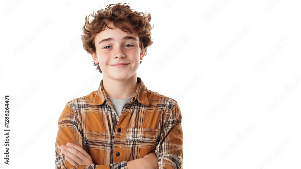 Young boy with curly hair poses confidently in a plaid shirt with arms crossed against a plain white background Young boy with curly hair poses confidently in a plaid shirt with arms crossed against a plain white background