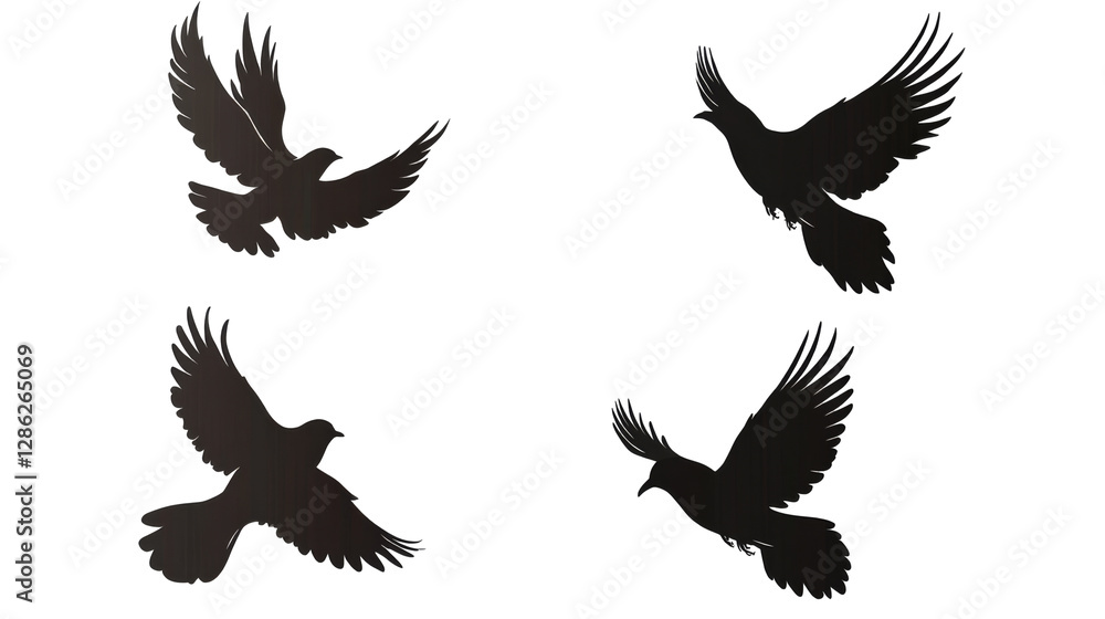 Obraz premium Silhouetted birds in flight transparent background png format white space captivating visuals nature illustration