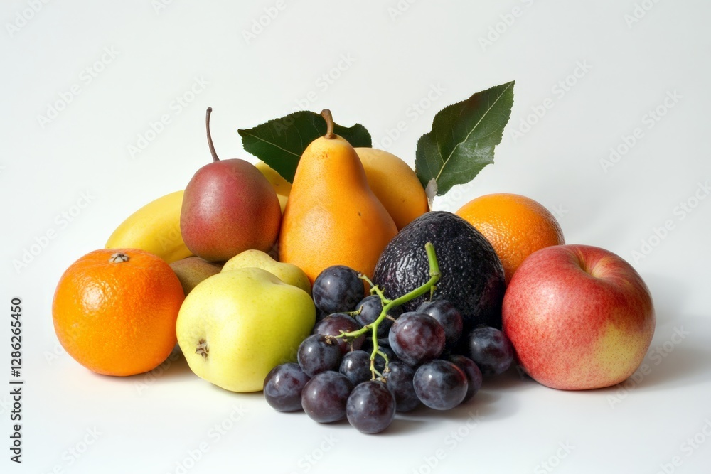 A minimalist arrangement of fruits on a white background, highlighting their vibrant colors, A minimalist arrangement of fruits on a white background, highlighting their vibrant colors,