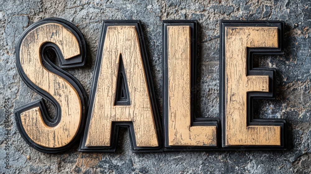 Rustic wooden sale sign displayed prominently on a weathered wall highlighting a special offer Rustic wooden sale sign displayed prominently on a weathered wall highlighting a special offer