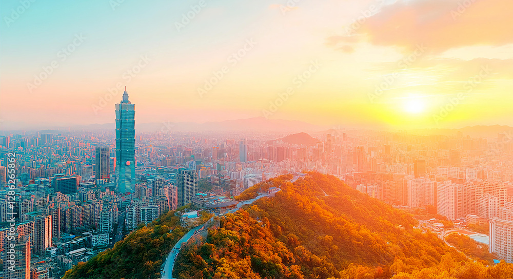 Naklejka premium Capital city Kuala Lumpur. Sunset and futuristic cityscape with skyscrapers of financial and business area.