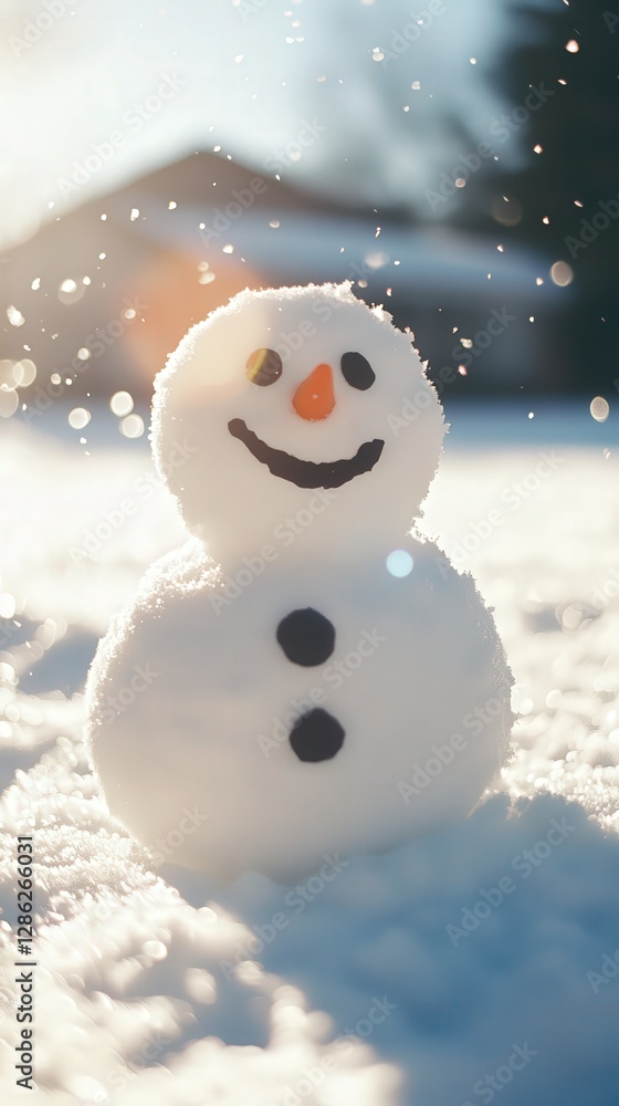 A cheerful snowman stands in fresh snow, adorned with a smile, buttons, and a carrot nose, surrounded by sparkling snowflakes in a winter landscape. A cheerful snowman stands in fresh snow, adorned with a smile, buttons, and a carrot nose, surrounded by sparkling snowflakes in a winter landscape.
