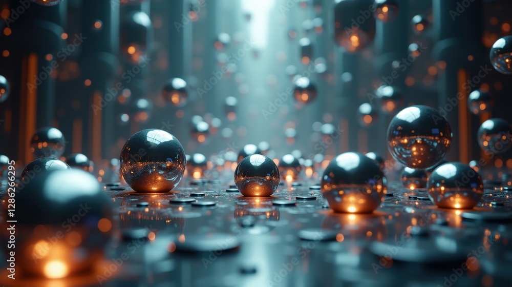 A futuristic chamber filled with levitating metallic spheres, softly glowing with an inner luminescence, floating effortlessly in an abstract gravitational anomaly. A futuristic chamber filled with levitating metallic spheres, softly glowing with an inner luminescence, floating effortlessly in an abstract gravitational anomaly.