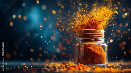 Fototapeta Naklejka Na Ścianę i Meble -  A professional studio shot of a spice jar with a splash of spices in the background,