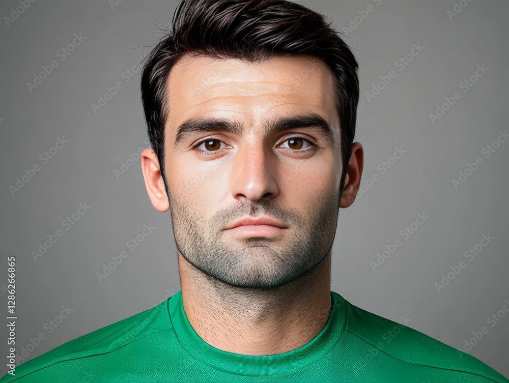 Fototapeta premium Confident dark haired man in green sports t shirt with intense focused gaze looking at camera against neutral gray background in high quality athletic portrait