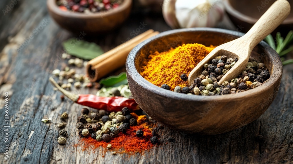 A refreshing bowl of spices with a wooden spoon, placed on a wooden table, A refreshing bowl of spices with a wooden spoon, placed on a wooden table,