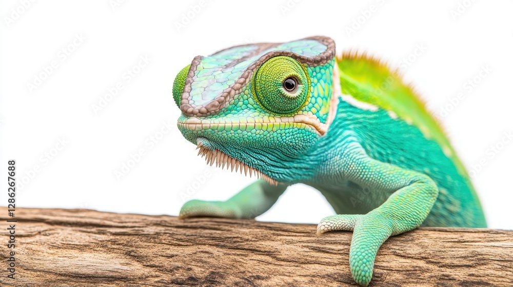 Obraz premium Close up of a vibrant green and blue chameleon perched on a weathered gray branch against a stark white background. The reptile's intricate skin
