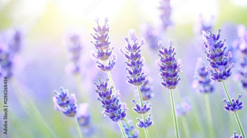 Fototapeta premium Lavender flowers blooming in a sunny field during a bright summer day with soft bokeh background.