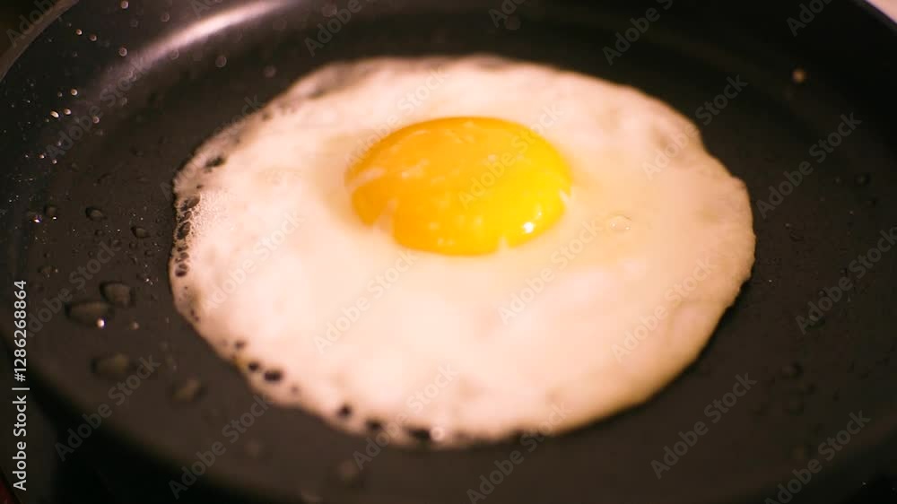 A close-up view of a sunny-side up egg sizzling in a black frying pan.