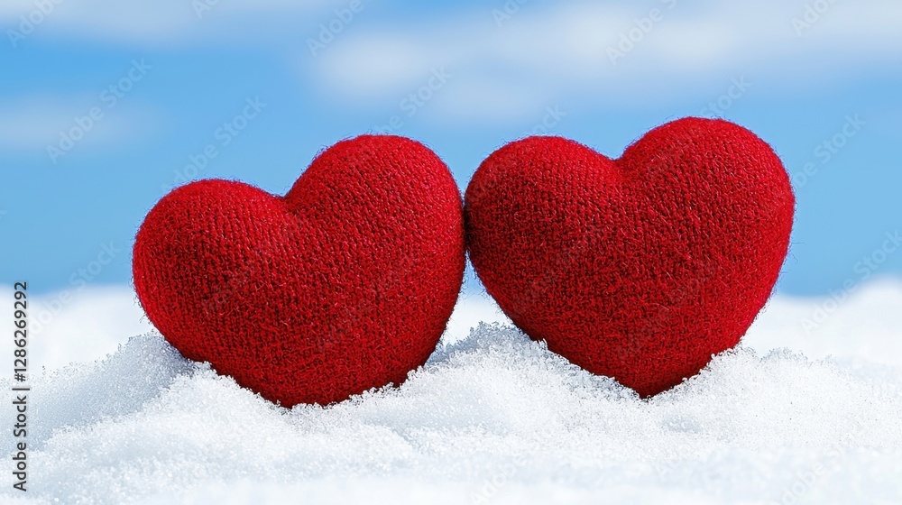 Two red glitter hearts rest on a bed of pristine white snow against a vibrant blue sky. A romantic winter scene Two red glitter hearts rest on a bed of pristine white snow against a vibrant blue sky. A romantic winter scene