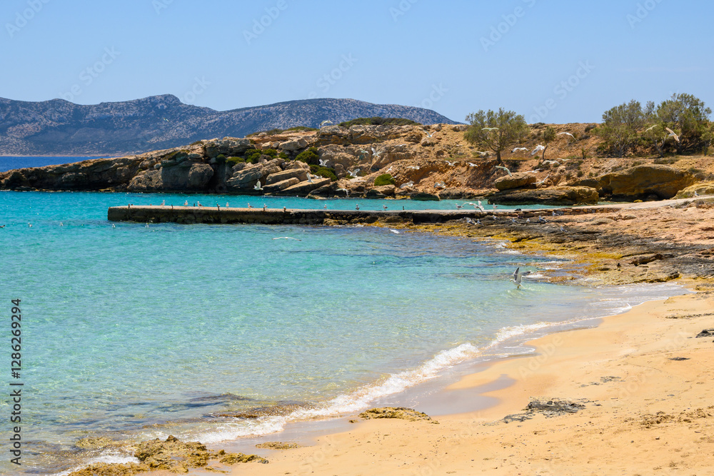 Ano Koufonisi. Finikas beach with sand and azure sea water. Small Cyclades, Greece
