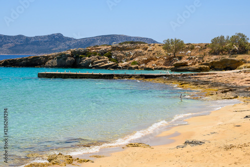 Ano Koufonisi. Finikas beach with sand and azure sea water. Small Cyclades, Greece
