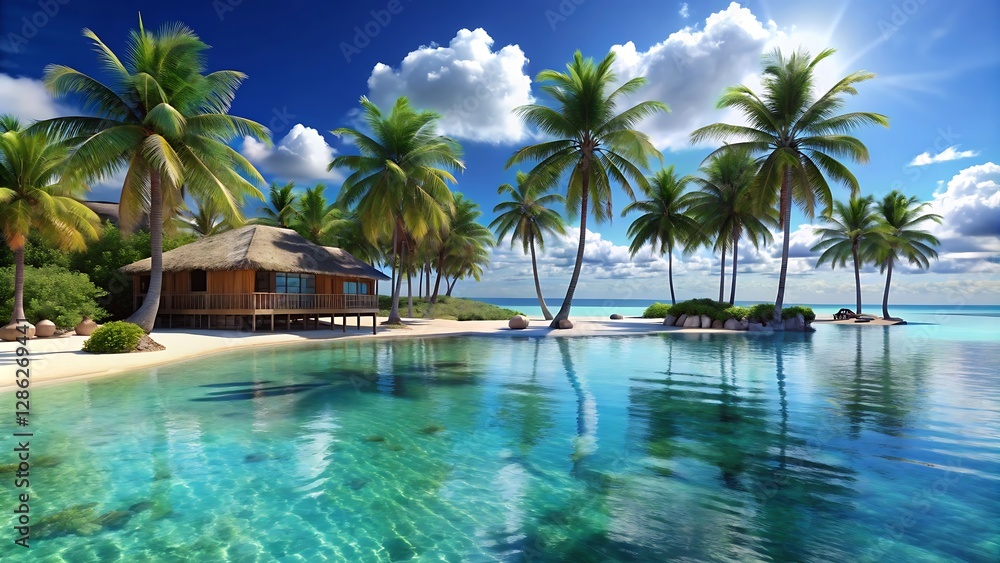 Tropical Beach Resort with Palm Trees, Crystal-Clear Water, and Blue Sky Tropical Beach Resort with Palm Trees, Crystal-Clear Water, and Blue Sky