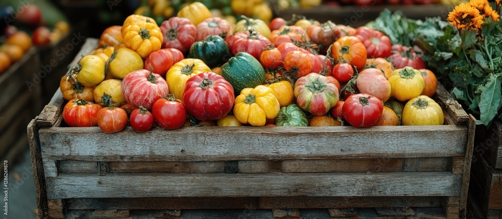 Colorful heirloom tomatoes in rustic wooden crate at farmer's market. Colorful heirloom tomatoes in rustic wooden crate at farmer's market.