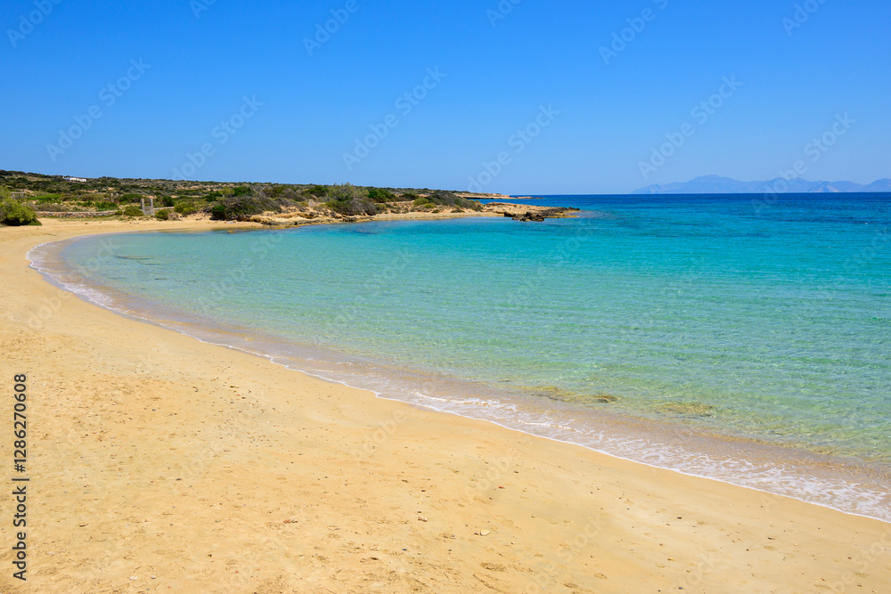 Ano Koufonisi. Finikas beach with sand and azure sea water. Small Cyclades, Greece