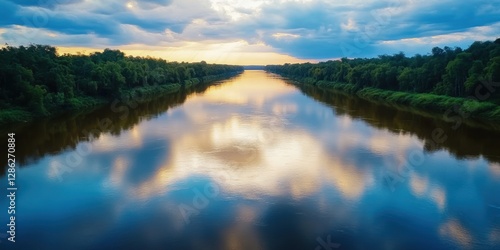 Serene sunset over a calm river, reflecting colorful clouds and lush green trees. Tranquil nature scene with a peaceful atmosphere