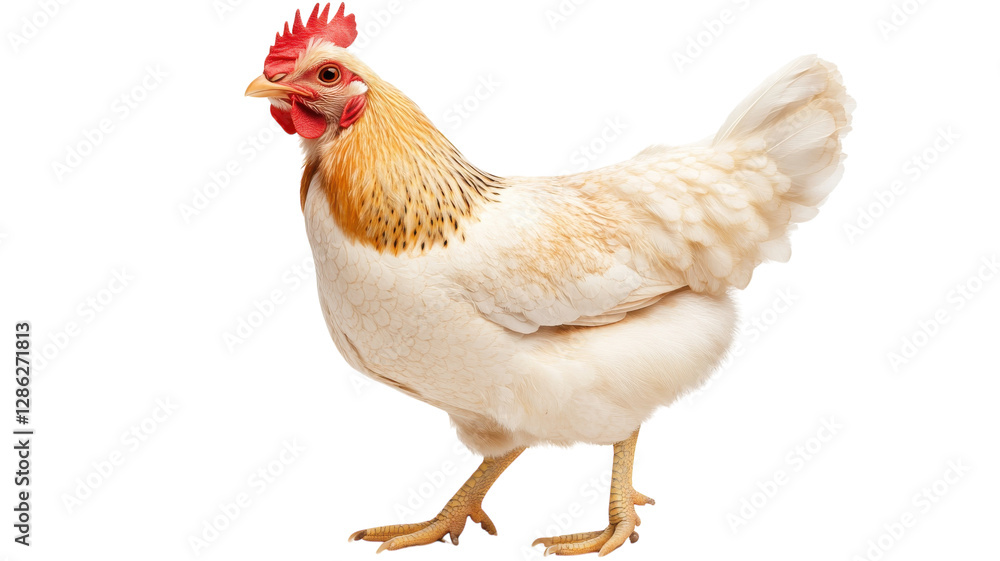 Fototapeta premium White hen walking gracefully on a clean surface in a bright environment, showcasing its vibrant feathers and lively demeanor