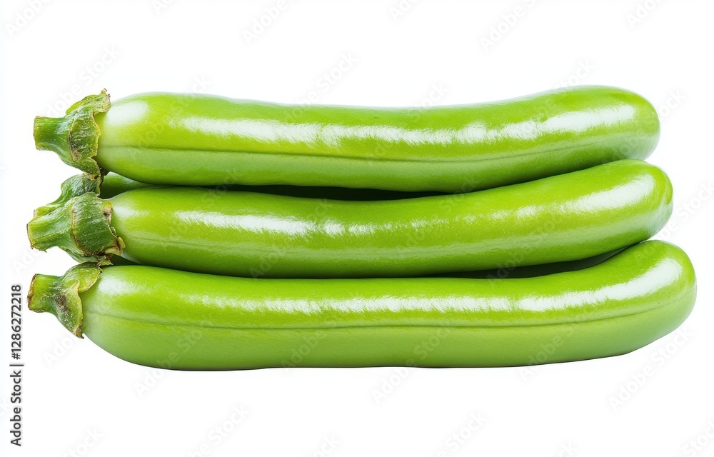 Three vibrant green zucchini lie neatly stacked against a stark white background. Their smooth, glistening skin reflects light, emphasizing their Three vibrant green zucchini lie neatly stacked against a stark white background. Their smooth, glistening skin reflects light, emphasizing their