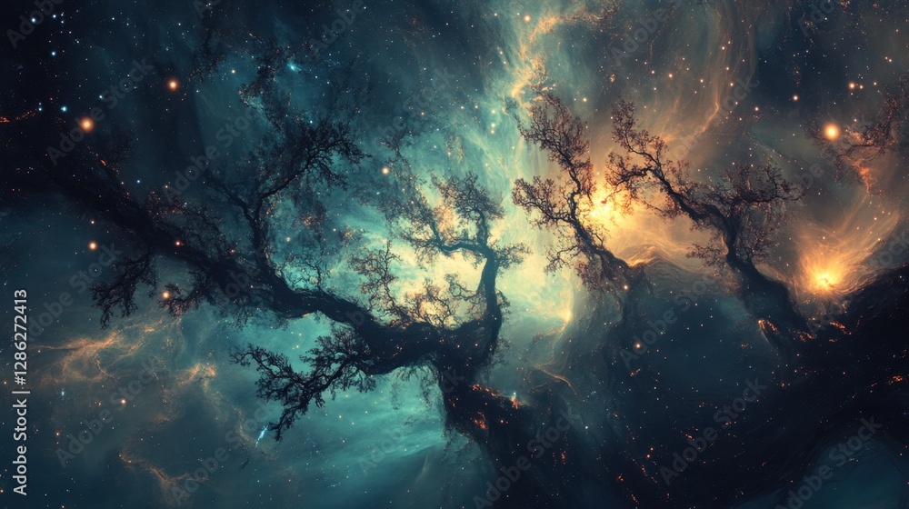 Obraz premium A celestial forest of nebula trees, their glowing branches stretching through deep space