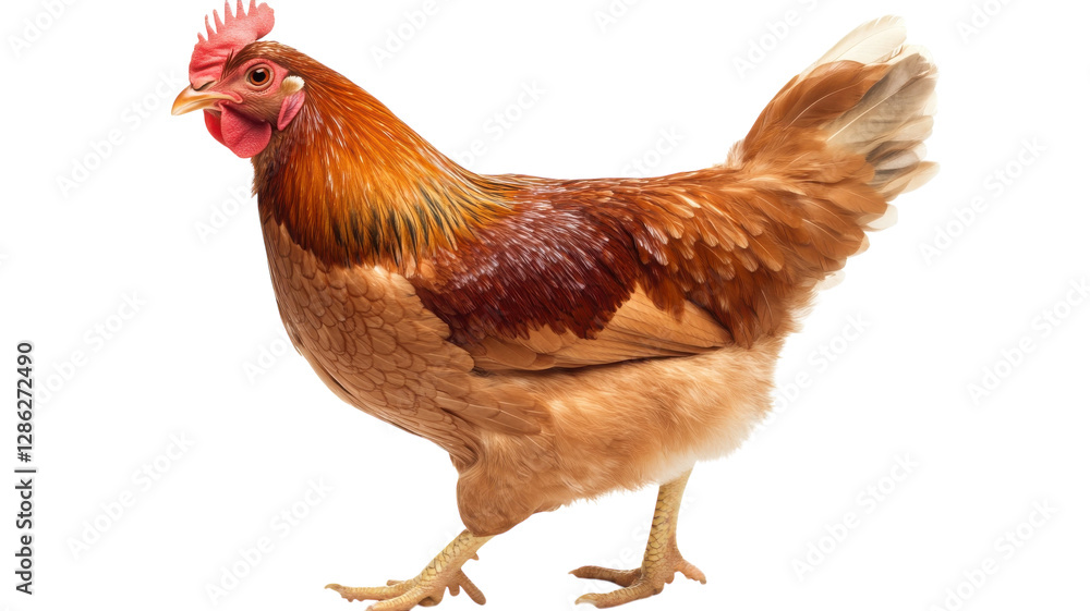 Fototapeta premium Brown hen walking confidently across a plain background in a vibrant display of feathers and charm
